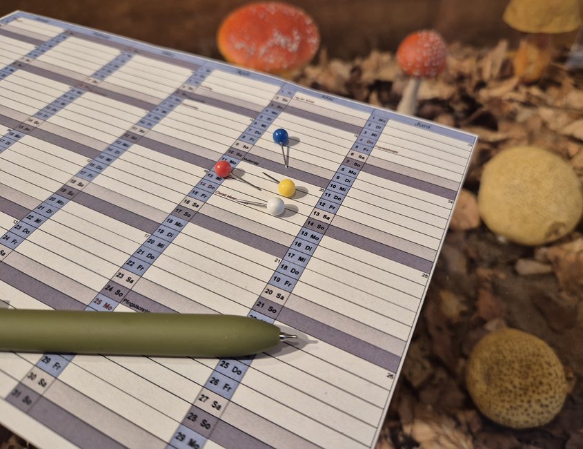 Das Foto zeigt einen Kalenderausschnitt. Auf dem Kalender sind der vordere Teil eines grünen Stiftes und vier bunte Pins zu sehen. Im Hintergrund sind leicht verschwommen verschiedene Pilze erkennbar.