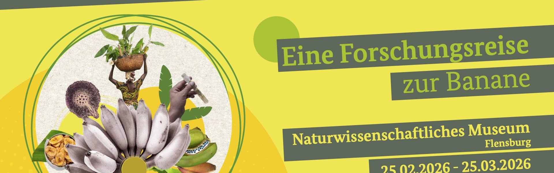 Das Bild zeigt die Ankündigung der Sonderausstellung BananaRama im Naturwissenschaftlichen Museum als Poster. Dargestellt auf bananengelben Untergrund sind als Text die Ankündigungen des Ausstellungstitels und der Ausstellungsdauer. Kleine Bilder auf der linken Seite zeigen Bananen, Bananenblätter, eine Detailaufnahme einer Frau, die einen Korb mit Bananen auf dem Kopf trägt sowie die Detailaufnahme einer Hand mit einem Reagenzglas. Außerdem sind die Logos der Deutschen Gesellschaft für Internationale Zusammenarbeit GmbH und dem Bundesministerium für wirtschaftliche Zusammenarbeit und Entwicklung unten rechts abgebildet.